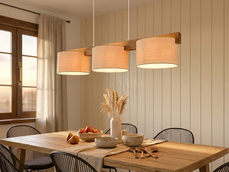 Pendelleuchte LANAT Holzbalken 3-flammig mit Stoffschirmen Beige, Breite 100cm
