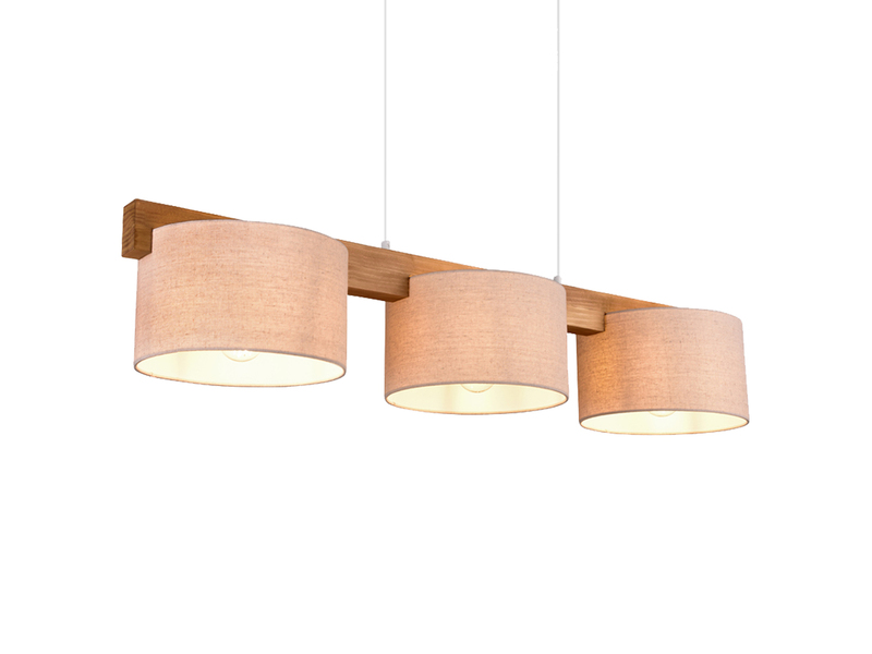 Pendelleuchte LANAT Holzbalken 3-flammig mit Stoffschirmen Beige, Breite 100cm