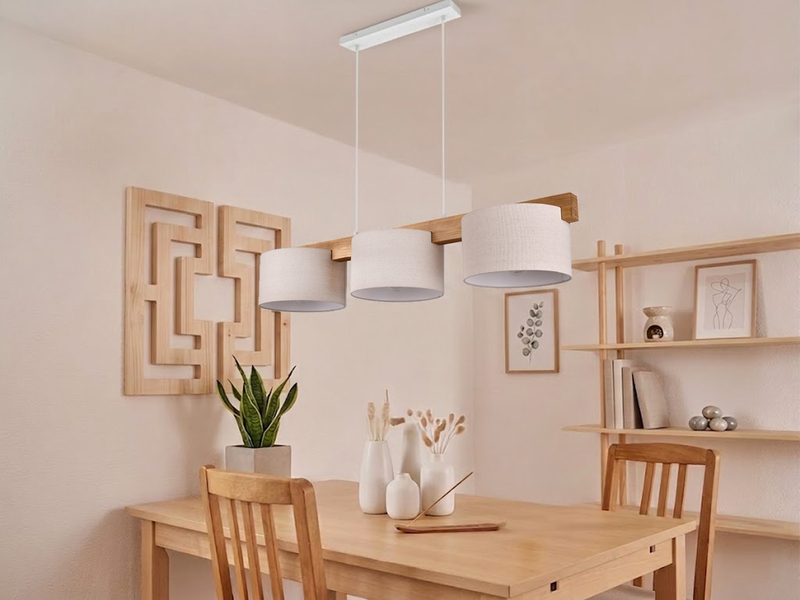 Pendelleuchte LANAT Holzbalken 3-flammig mit Stoffschirmen Beige, Breite 100cm