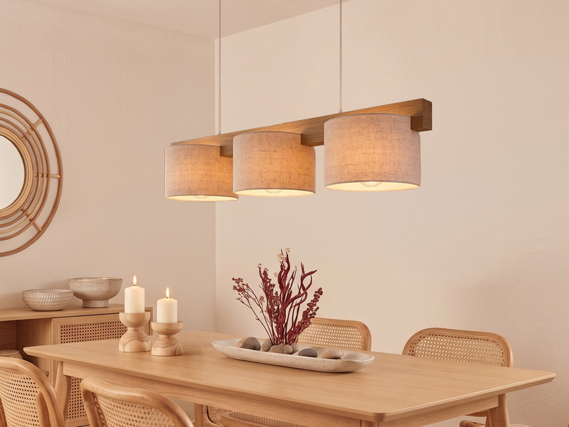 Pendelleuchte LANAT Holzbalken 3-flammig mit Stoffschirmen Beige, Breite 100cm