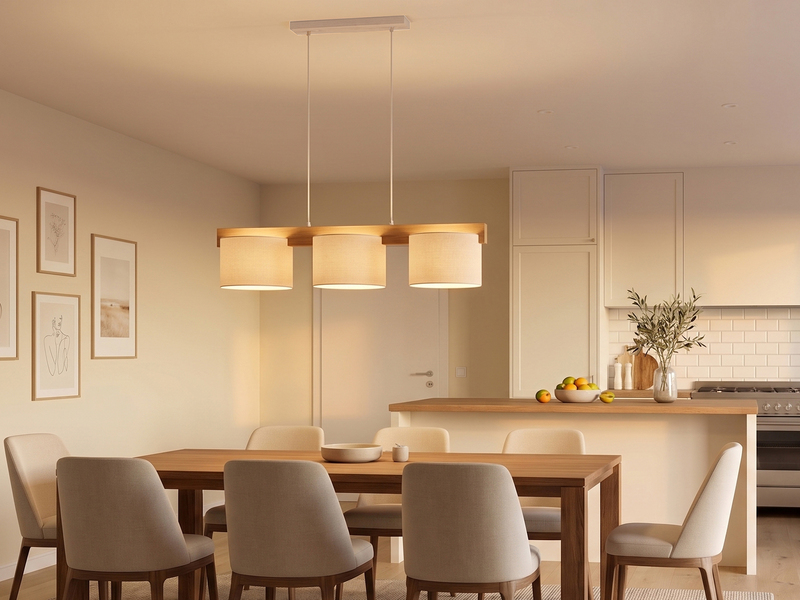 Pendelleuchte LANAT Holzbalken 3-flammig mit Stoffschirmen Beige, Breite 100cm