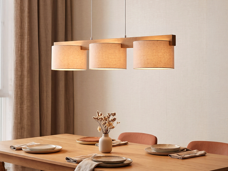 Pendelleuchte LANAT Holzbalken 3-flammig mit Stoffschirmen Beige, Breite 100cm