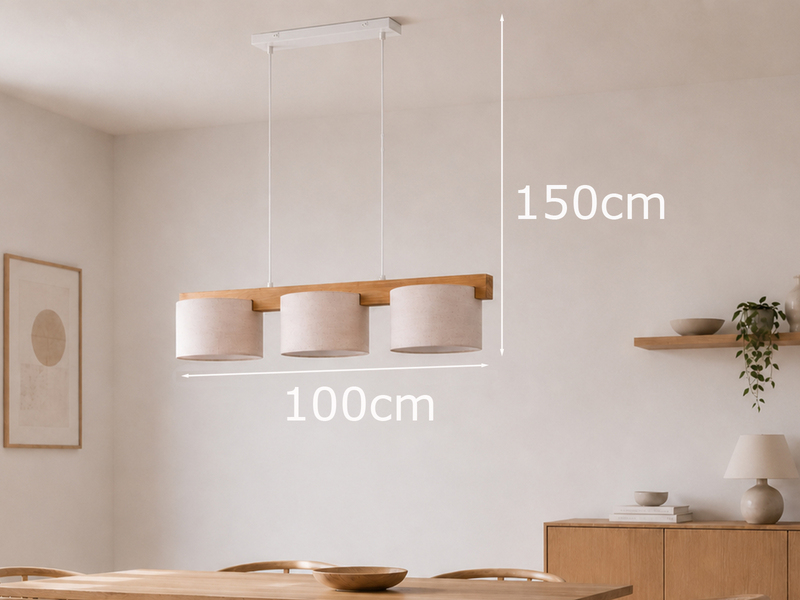 Pendelleuchte LANAT Holzbalken 3-flammig mit Stoffschirmen Beige, Breite 100cm