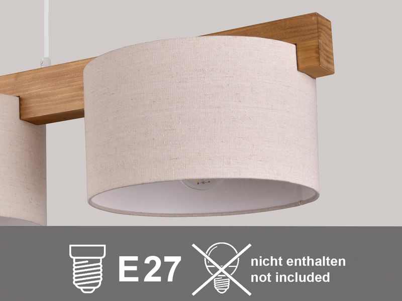 Pendelleuchte LANAT Holzbalken 3-flammig mit Stoffschirmen Beige, Breite 100cm