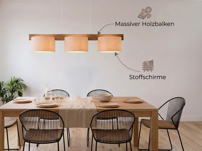 Pendelleuchte LANAT Holzbalken 3-flammig mit Stoffschirmen Beige, Breite 100cm