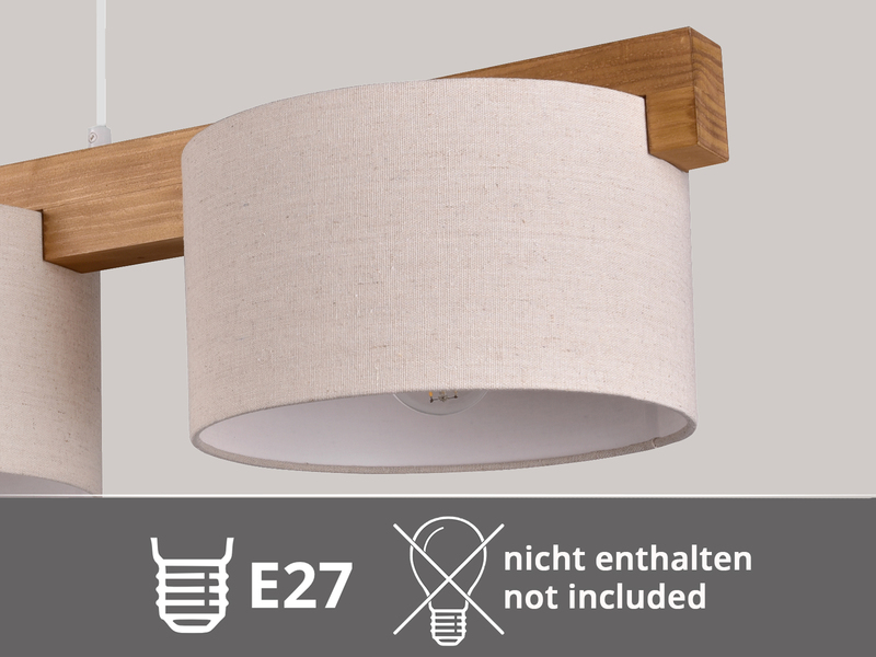 Pendelleuchte LANAT Holzbalken 3-flammig mit Stoffschirmen Beige, Breite 100cm