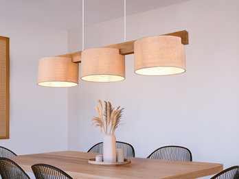 Pendelleuchte LANAT 3-flammig mit Holzbalken & Stoffschirme Beige, Breite 100cm