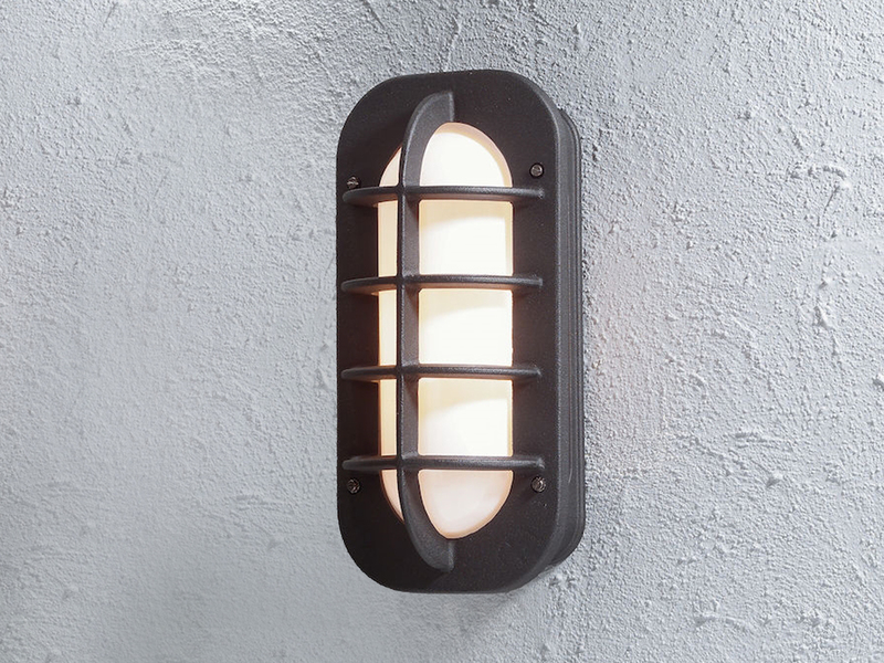 LED Außenwandleuchte mit Steckdose, Alu Schwarz & Opalglas, Höhe 36cm