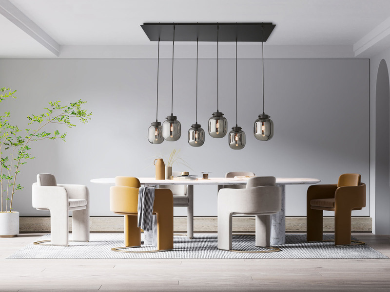 Pendelleuchte REGI mehrflammig mit 6 Glaskugeln aus Rauchglas, Breite 115cm