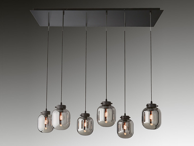 Pendelleuchte REGI mehrflammig mit 6 Glaskugeln aus Rauchglas, Breite 115cm