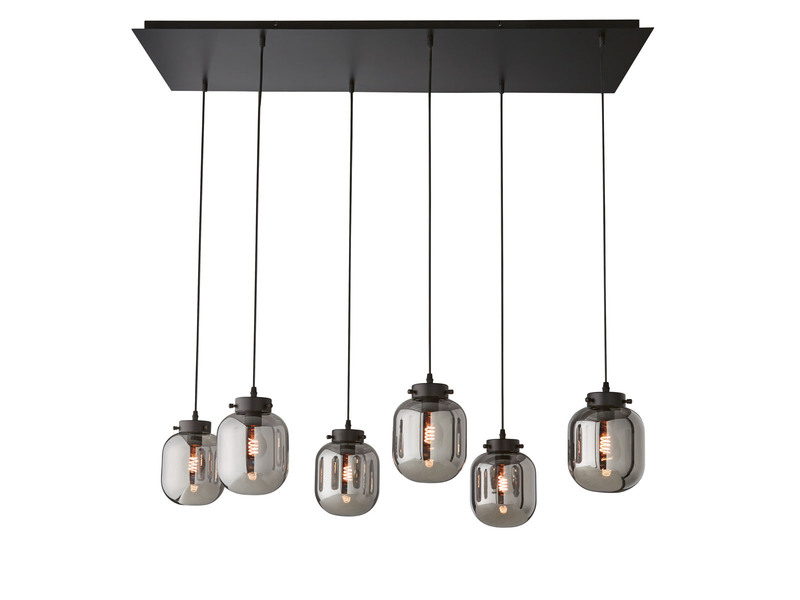 Pendelleuchte REGI mehrflammig mit 6 Glaskugeln aus Rauchglas, Breite 115cm