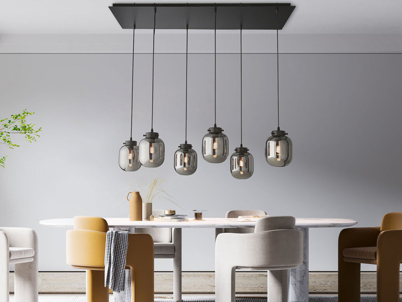 Pendelleuchte REGI mehrflammig mit 6 Glaskugeln aus Rauchglas, Breite 115cm