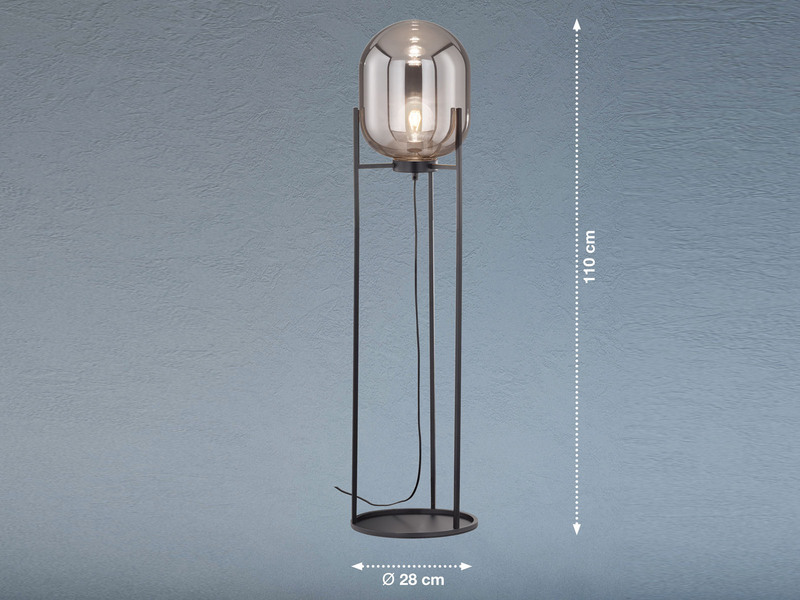 Kleine Stehlampe REGI mit Metallfuß und Rauchglas Glaskugel oval - Höhe 110cm
