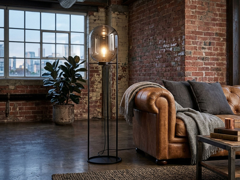 Kleine Stehlampe REGI mit Metallfuß und Rauchglas Glaskugel oval - Höhe 110cm