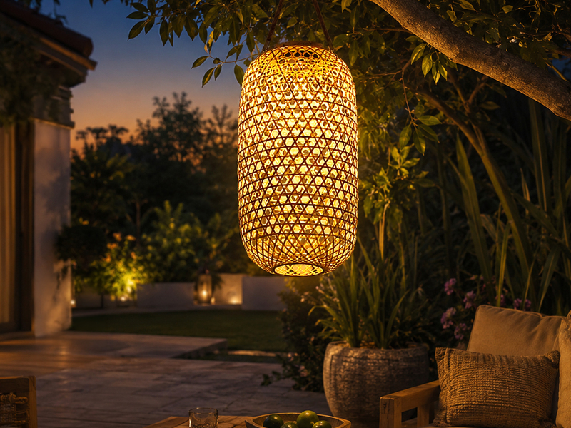 LED Solarlaterne hängend aus Bambus Korbgeflecht, Höhe 56,5cm