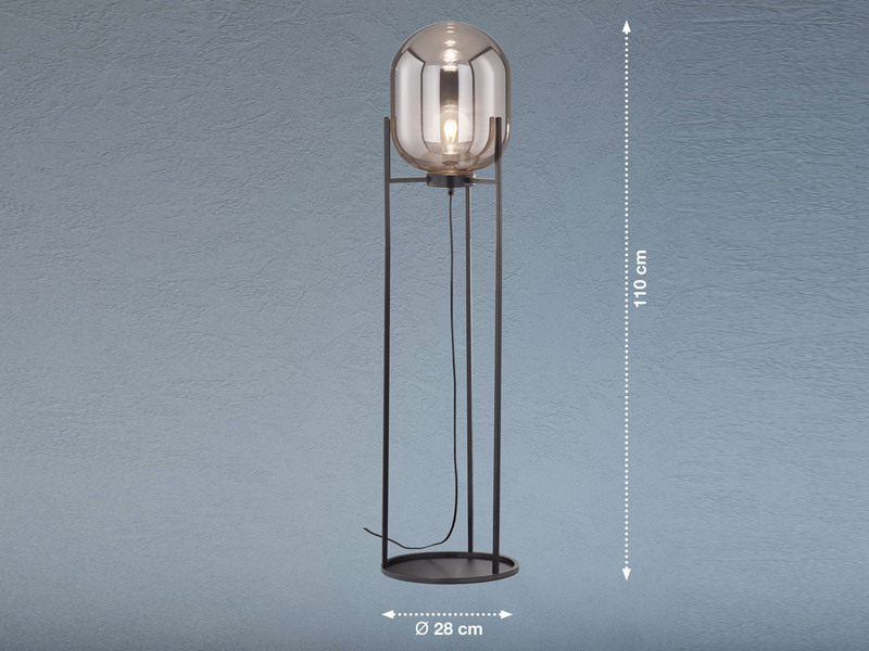 Kleine Stehlampe mit Metallfuß, Rauchglas oval & LED dimmbar - Höhe 110cm