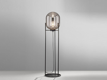 Kleine LED Stehlampe Tripod mit Rauchglas Glaskugel - Höhe 110cm