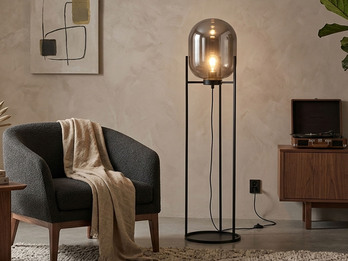 Kleine Stehlampe mit Metallfuß, Rauchglas oval & LED dimmbar - Höhe 110cm