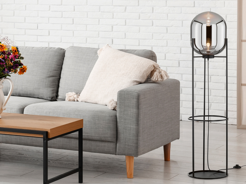 Stehlampe REGI Dreibein Tripod mit Rauchglas Glaskugel - Höhe 135cm