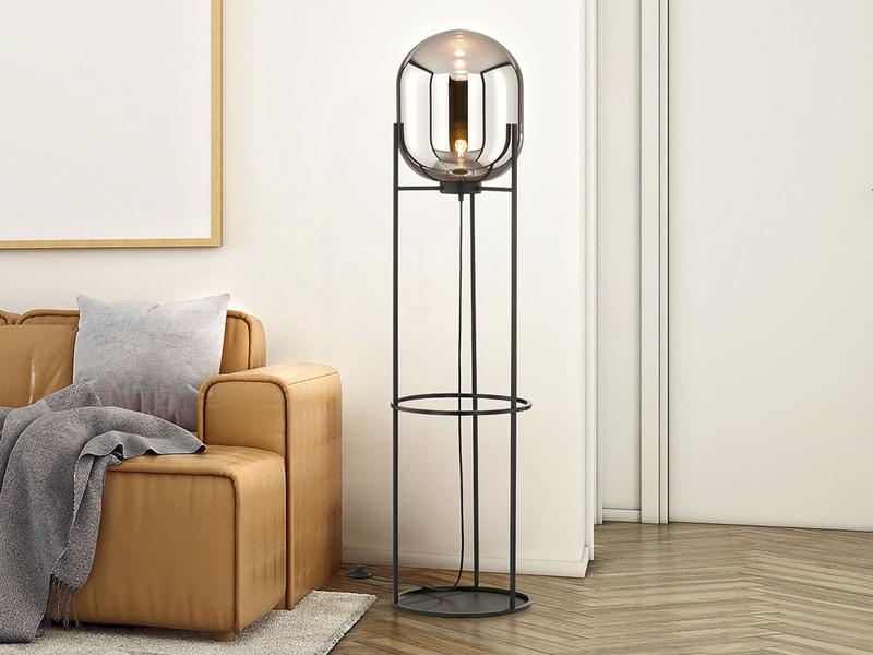 LED Stehlampe Schwarz mit Rauchglas Glaskugel - Höhe 135cm