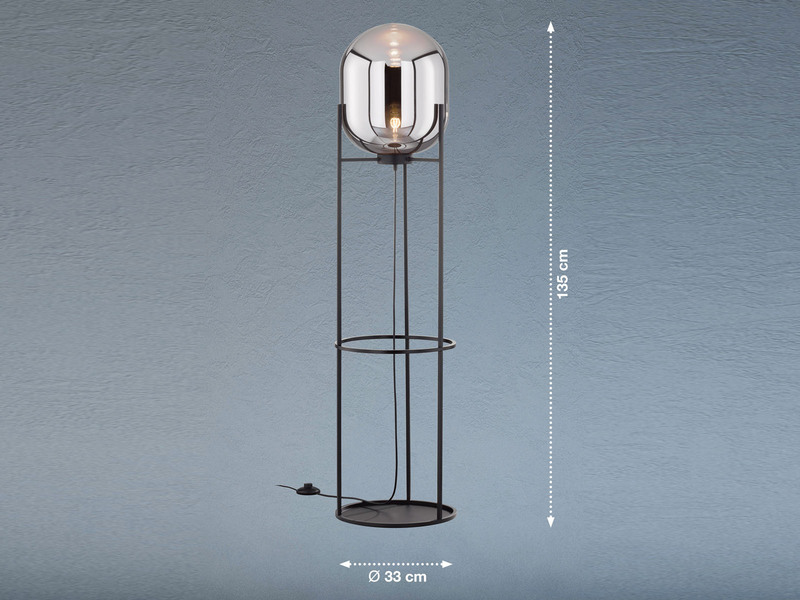 LED Stehlampe Schwarz mit Rauchglas Glaskugel - Höhe 135cm