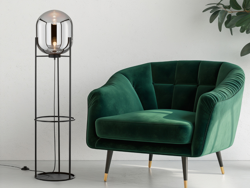 LED Stehlampe Schwarz mit Rauchglas Glaskugel - Höhe 135cm