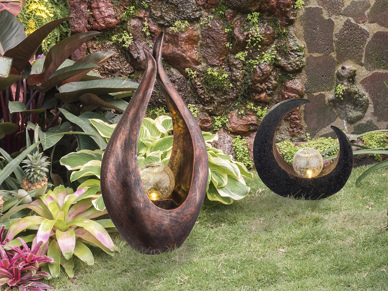 2er SET LED Solarleuchten mit Crackleglas Kugel, groß Bronze & klein Steinoptik