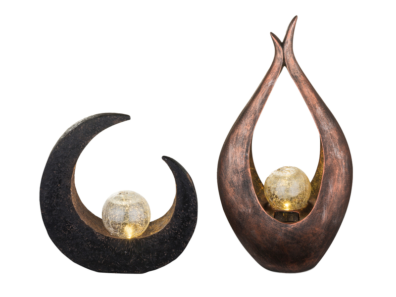 2er SET LED Solarleuchten mit Crackleglas Kugel, groß Bronze & klein Steinoptik