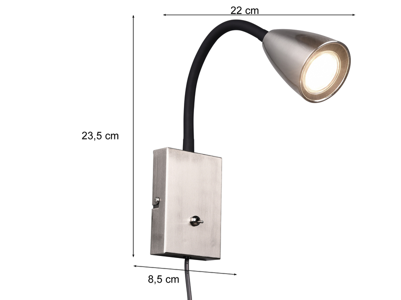 Flexible LED Leselampe, Wandleuchte mit Schalter & Stecker, Silber Höhe 23,5cm