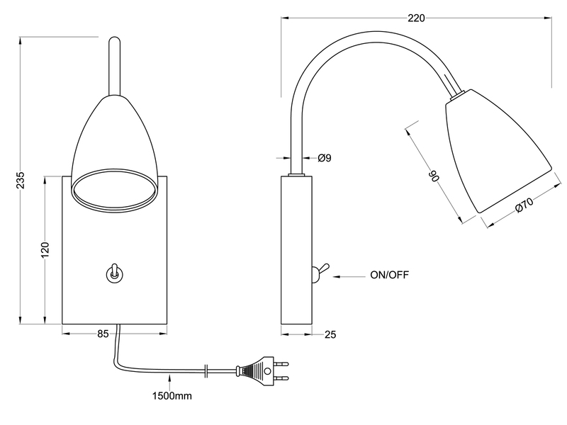 Flexible LED Leselampe, Wandleuchte mit & ohne Stecker, Silber matt