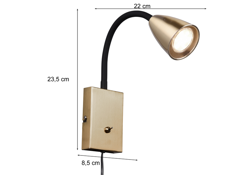 Flexible LED Leselampe, Wandleuchte mit Schalter & Stecker, Messing Höhe 23,5cm