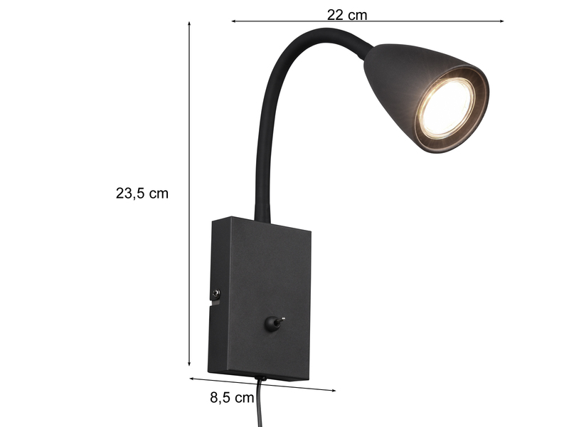 Flexible LED Leselampe, Wandleuchte mit Schalter & Stecker, Schwarz Höhe 23,5cm