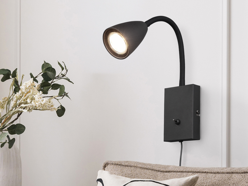 Flexible LED Leselampe, Wandleuchte mit Schalter & Stecker, Schwarz Höhe 23,5cm