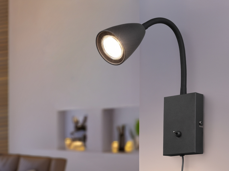 Flexible LED Leselampe, Wandleuchte mit Schalter & Stecker, Schwarz Höhe 23,5cm