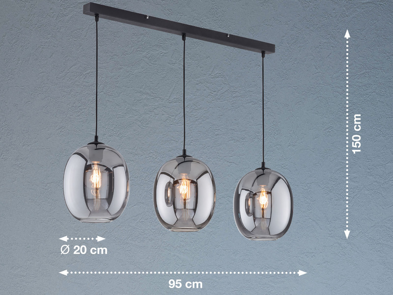 Pendelleuchte NAYLA 3-flammig mit Glaskugeln aus Rauchglas, Breite 95cm