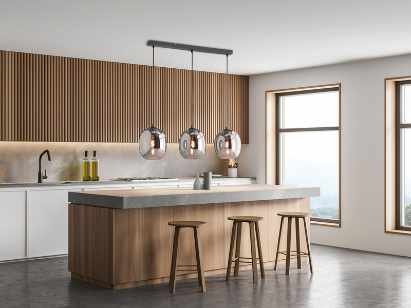 Pendelleuchte NAYLA 3-flammig mit Glaskugeln aus Rauchglas, Breite 95cm