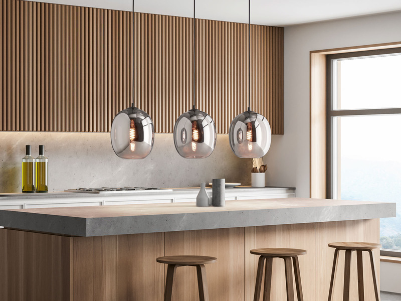 Pendelleuchte NAYLA 3-flammig mit Glaskugeln aus Rauchglas, Breite 95cm