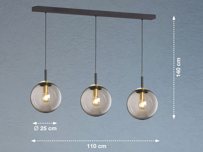 Pendelleuchte DINI 3-flammig Rauchglas Schwarz mit Messing, Breite 115cm