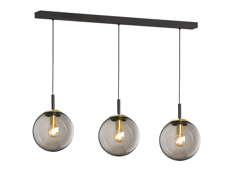 Pendelleuchte DINI 3-flammig Rauchglas Schwarz mit Messing, Breite 115cm