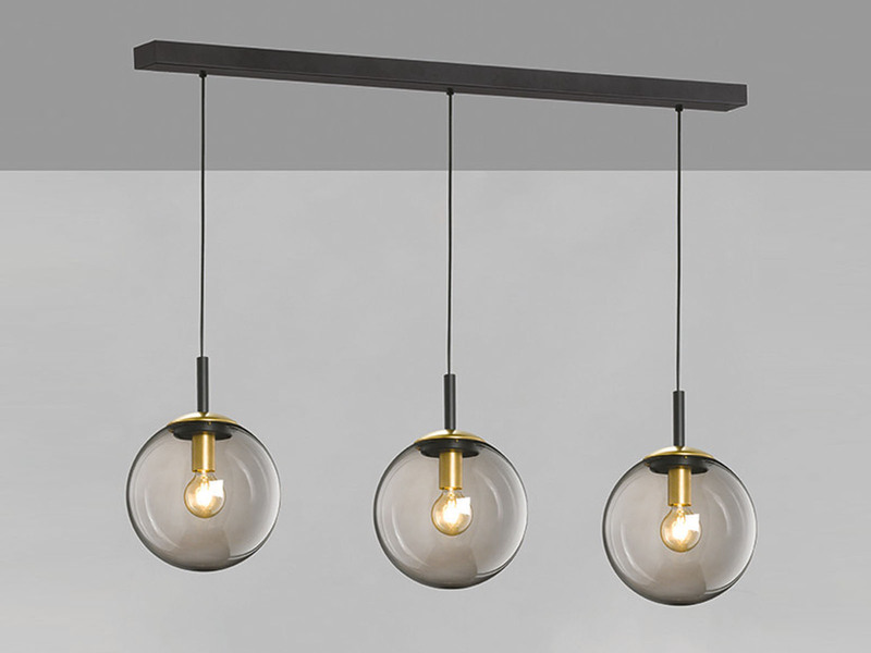 Pendelleuchte DINI 3-flammig lang mit Glaskugeln aus Rauchglas, Breite 115cm