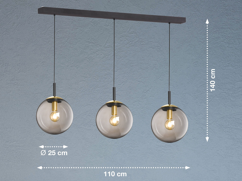 LED Pendelleuchte 3-flammig Rauchglas Schwarz mit Messing, Breite 115cm