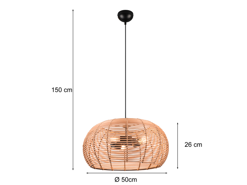 Große LED Pendelleuchte 3 flammig Korbgeflecht aus Rattan Ø 50cm