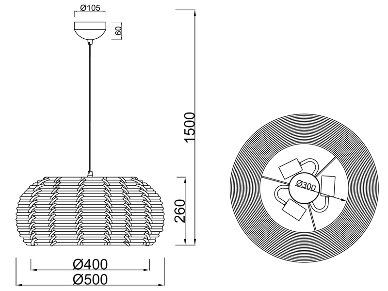 Große LED Pendelleuchte 3 flammig Korbgeflecht aus Rattan Ø 50cm