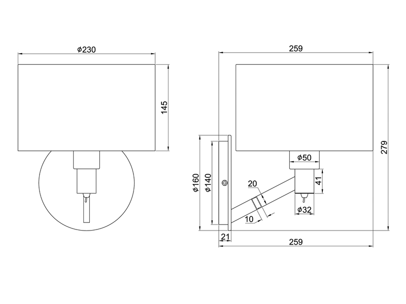 Kleine Wandleuchte CASSIO Silber matt mit Schalter & Stoffschirm Weiß