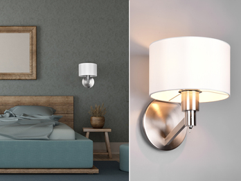Kleine LED Wandleuchte Silber matt mit Schalter & Stoffschirm Weiß