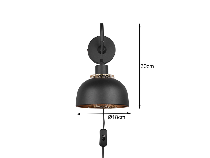 Wandleuchte PUNCH mit Schalter & Stecker, Metall Schwarz Gold Höhe 30cm