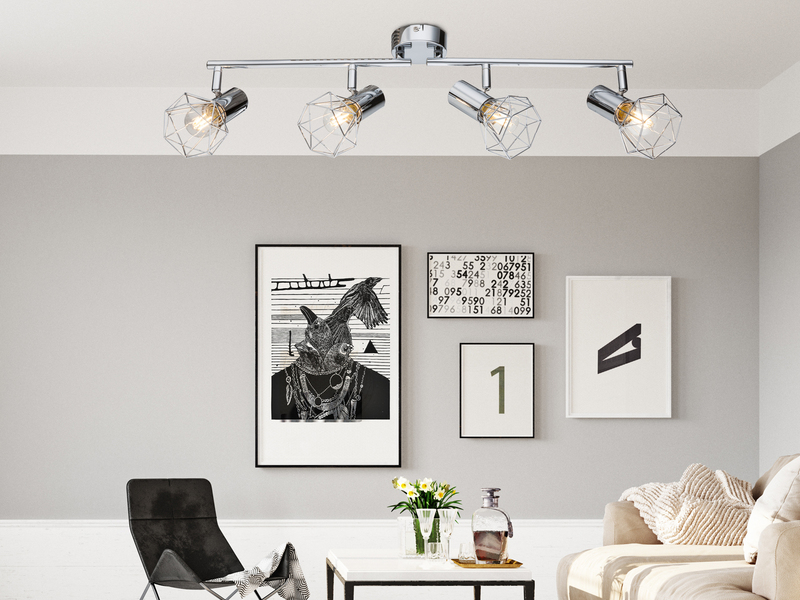 LED Deckenstrahler 4-flammig, Gitter Silber Chrom Industrial, Breite 60cm