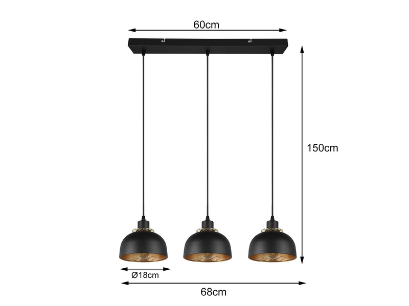 Pendelleuchte PUNCH 3-flammig Metall Schwarz Gold mit Drahtgeflecht, Breite 68cm