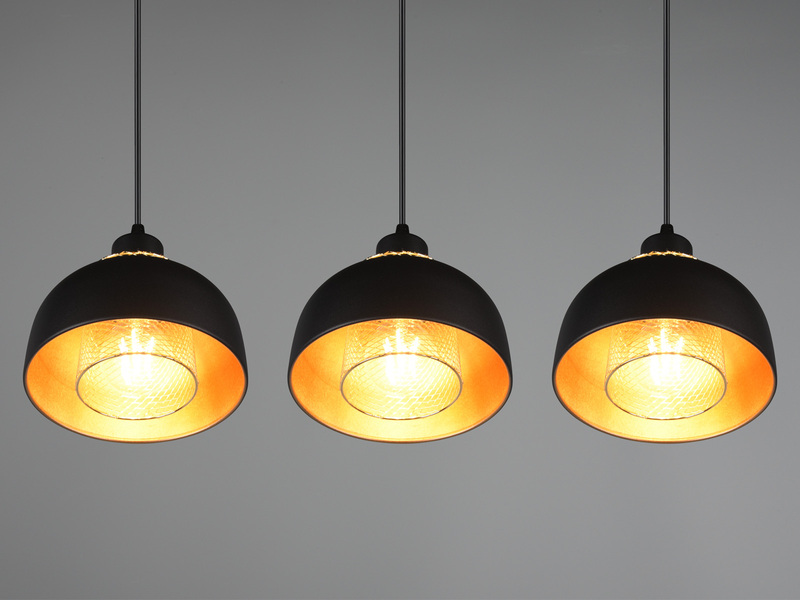 Pendelleuchte PUNCH 3-flammig Metall Schwarz Gold mit Drahtgeflecht, Breite 68cm