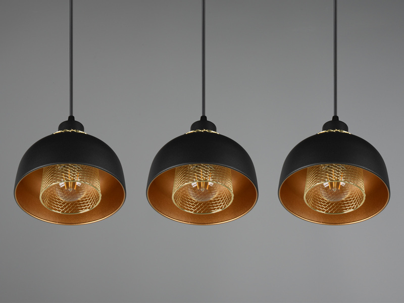 Pendelleuchte PUNCH 3-flammig Metall Schwarz Gold mit Drahtgeflecht, Breite 68cm